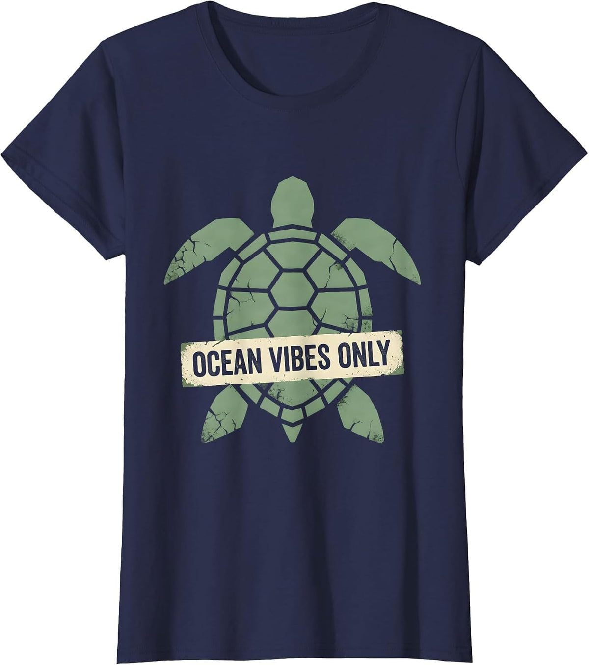 Women's Ocean Vibes Only Turtle Coastal Design T-Shirt - Navy Blue
