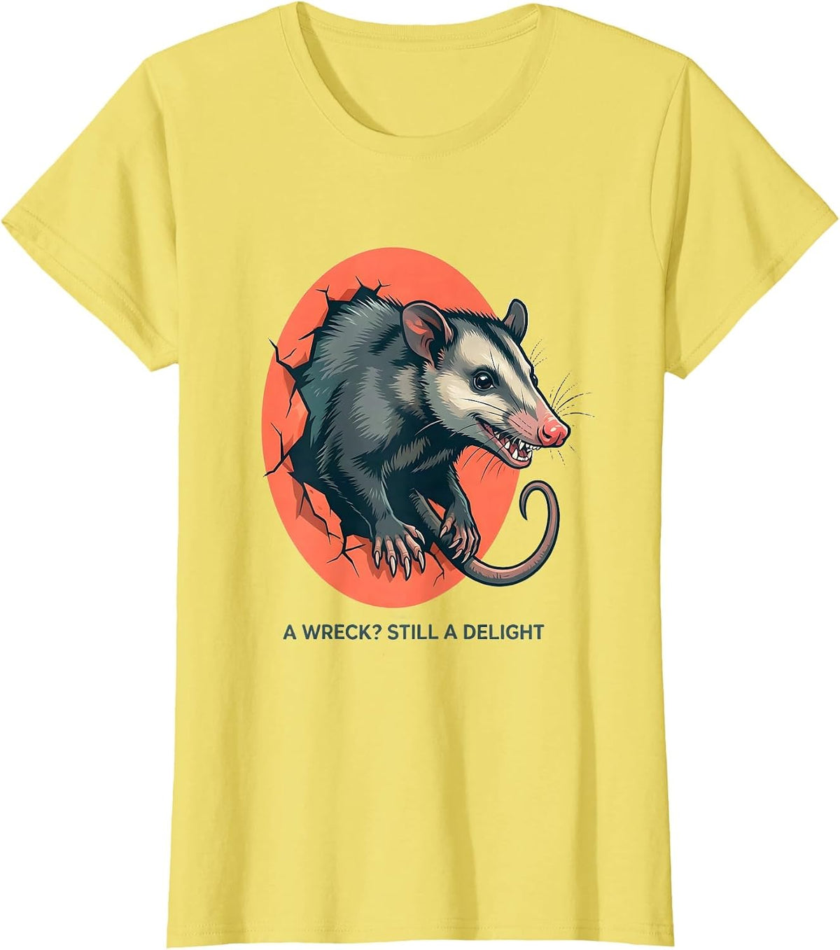 Women's A Wreck? Still A Delight Funny Opossum Animal Meme Humor T-Shirt - Lemon Yellow