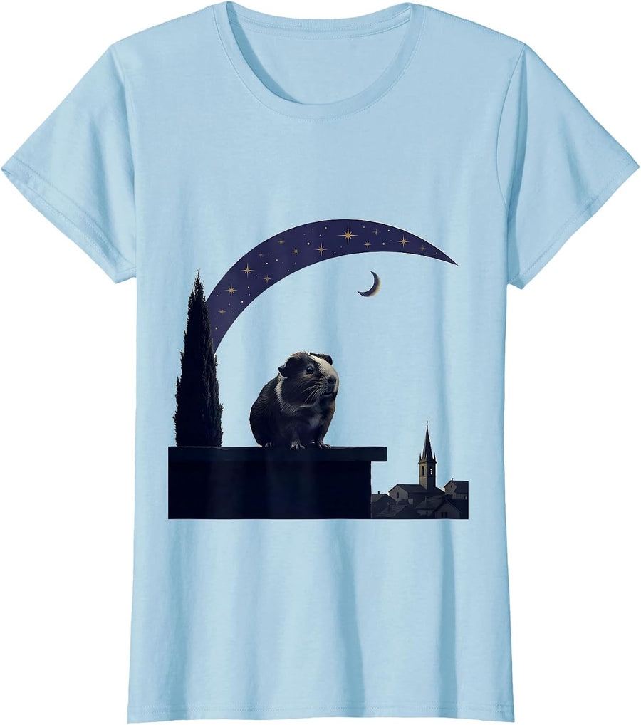 Women's Guinea Pig Starry Night Minimalist Animal Lover Art Parody T-Shirt - Baby Blue
