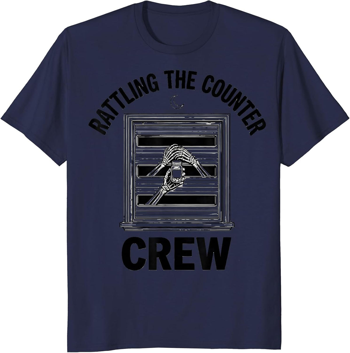Men's Rattling The Counter Crew Funny Pharmacy Tech Skeleton T-Shirt - Navy Blue