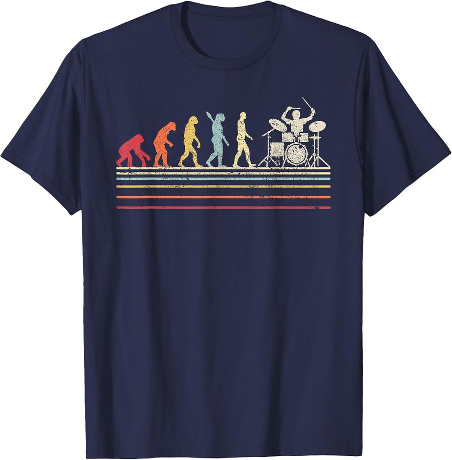 Funny Drummer T Shirt. Retro Vintage Evolution of Man T-Shirt - Navy Blue