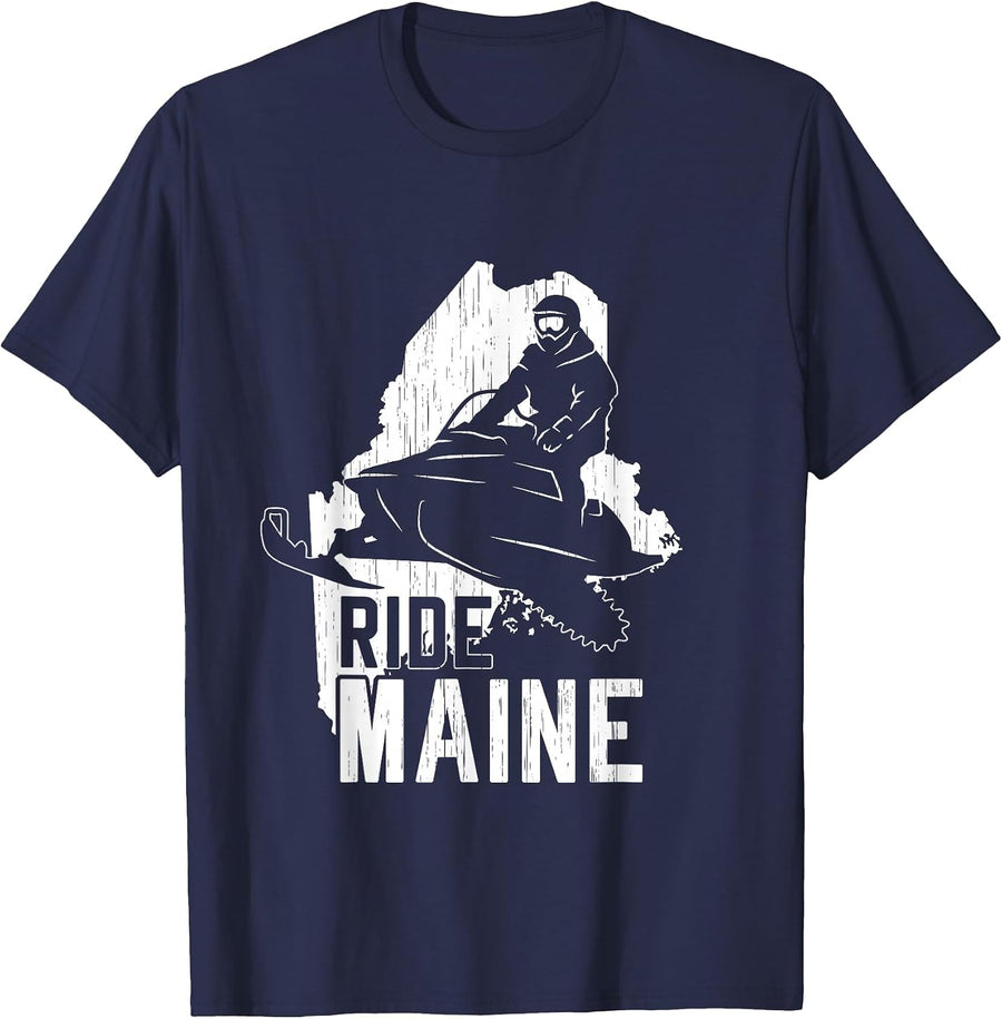 Snowmobile Ride Maine Shirt Vintage Snowmobiling Motor Sled T-Shirt - Navy Blue