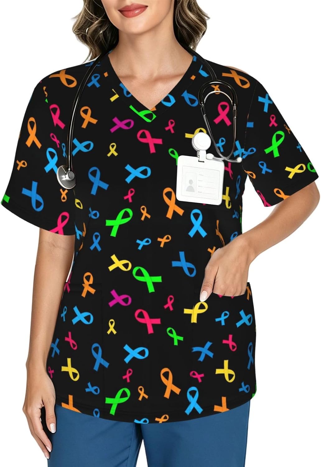 Supdreamc Women's V Neck Scrub Top Short Sleeve Practical Nursing Workwear - Pattern (642)