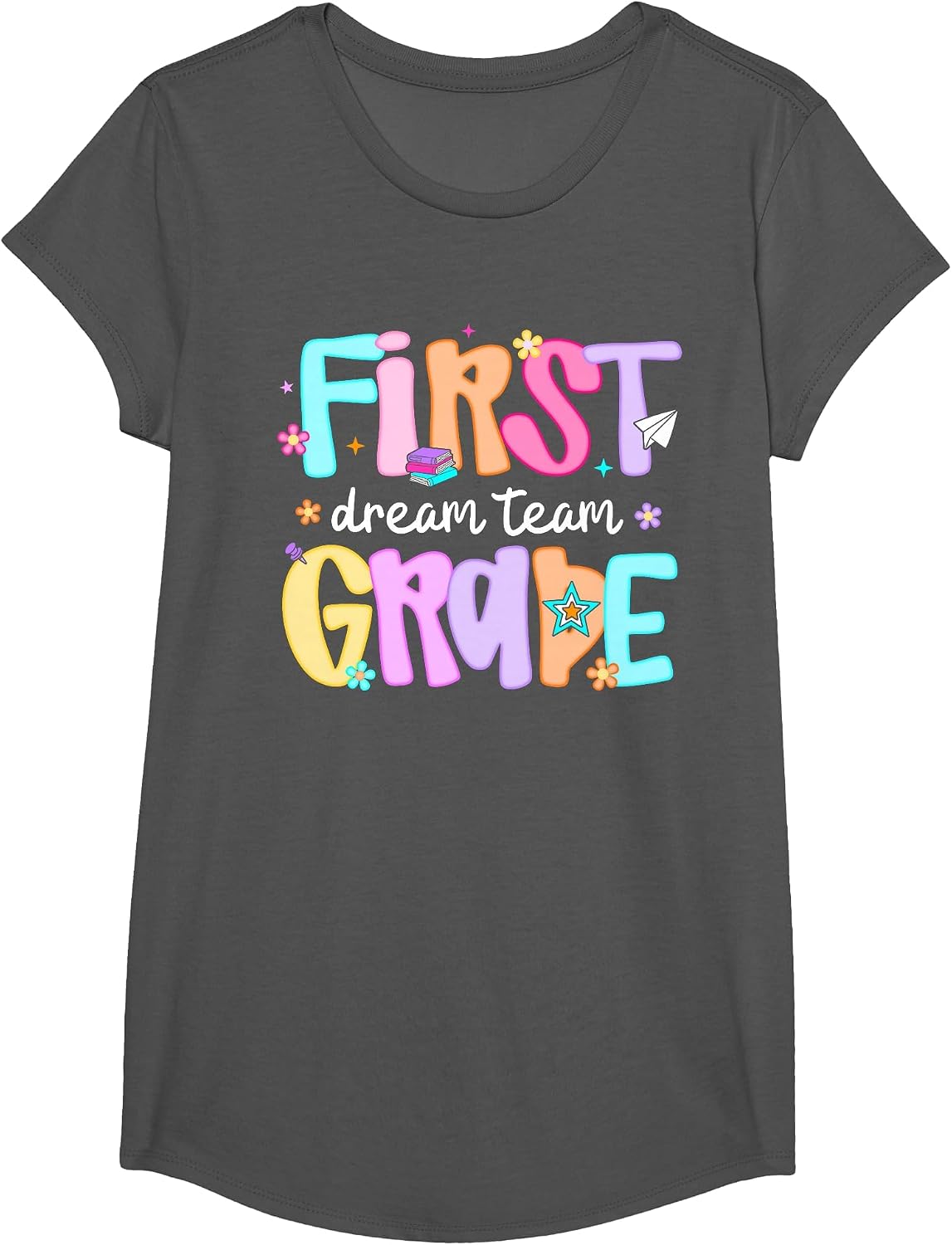 Preppy First Grade Dream Team Back to School Teacher Student T-Shirt - Girls Asphalt Grey