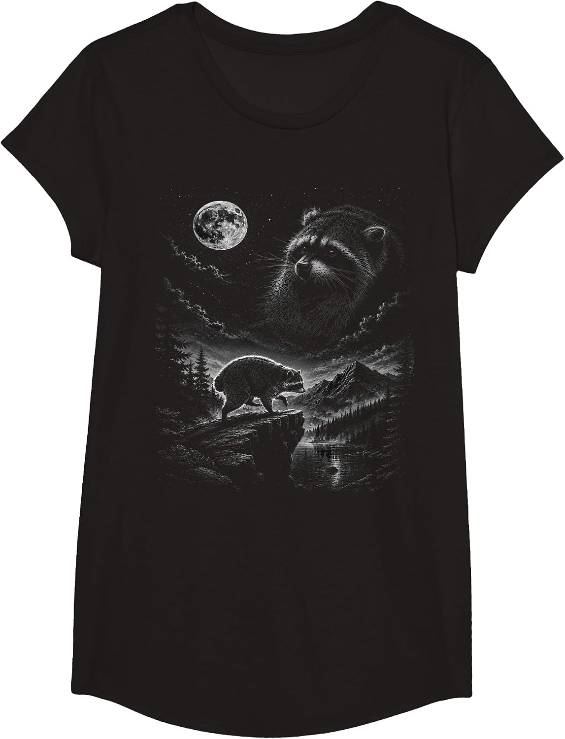 Raccoon Jimothy Howling to the Moon Tee Trash Panda Wildlife T-Shirt - Girls Black