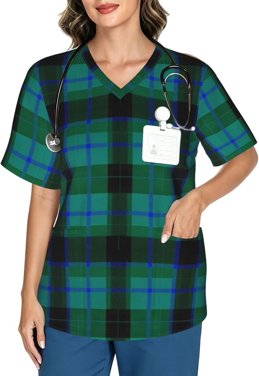 Supdreamc Women's V Neck Scrub Top Short Sleeve Practical Nursing Workwear - Pattern (648)