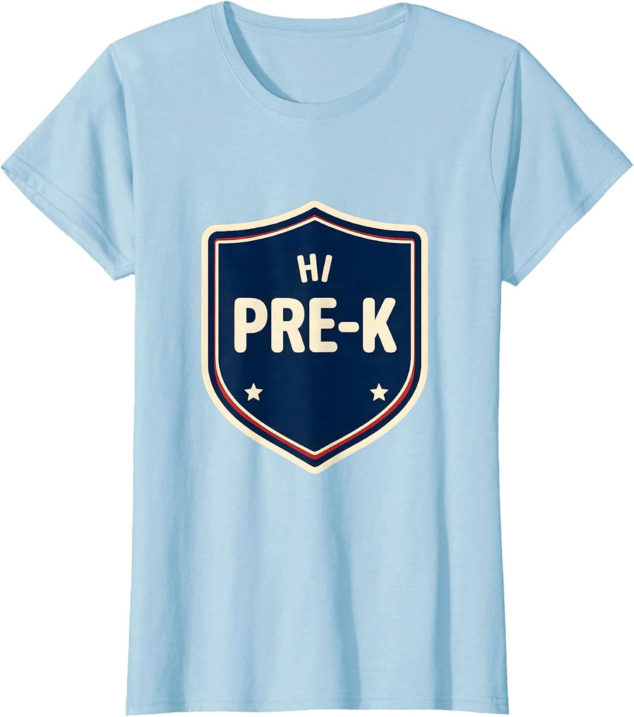 Women's Hi Pre-K Emblem Playful Preschool Teacher Back To School T-Shirt - Baby Blue