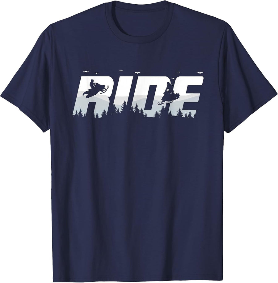 Snowmobile Ride Motor Sled Racing Winter Mountain Sports Fan T-Shirt - Navy Blue