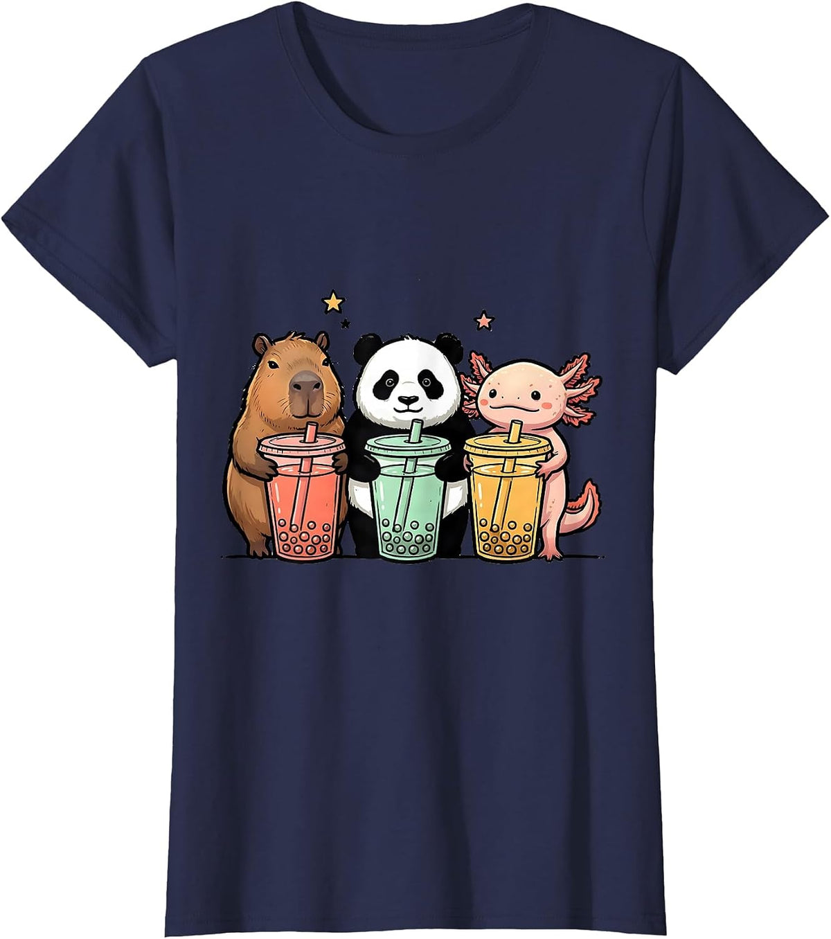 Women's Capybara Panda Axolotl Cute Kawaii Anime Boba Tea Girls T-Shirt - Navy Blue