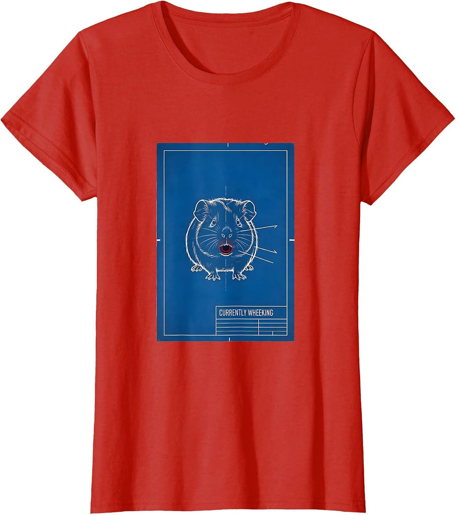 Women's Currently Wheeking Technical Blueprint Funny Guinea Pig T-Shirt - Red