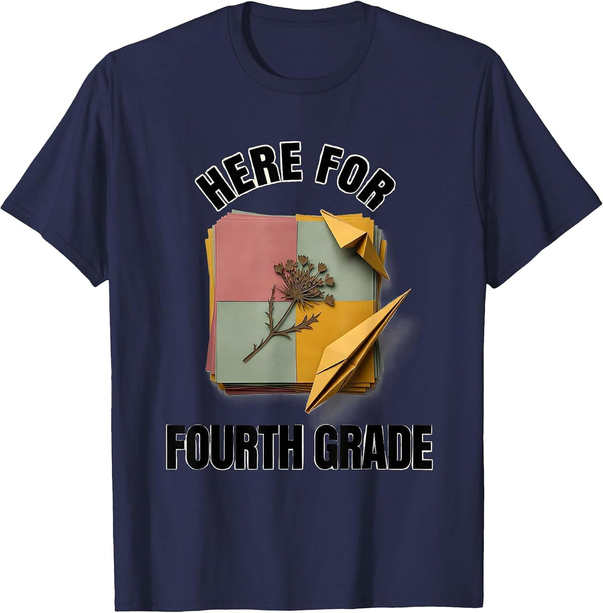Men's Here For Fourth Grade Paper Cutout Wildflower Back To School T-Shirt - Navy Blue