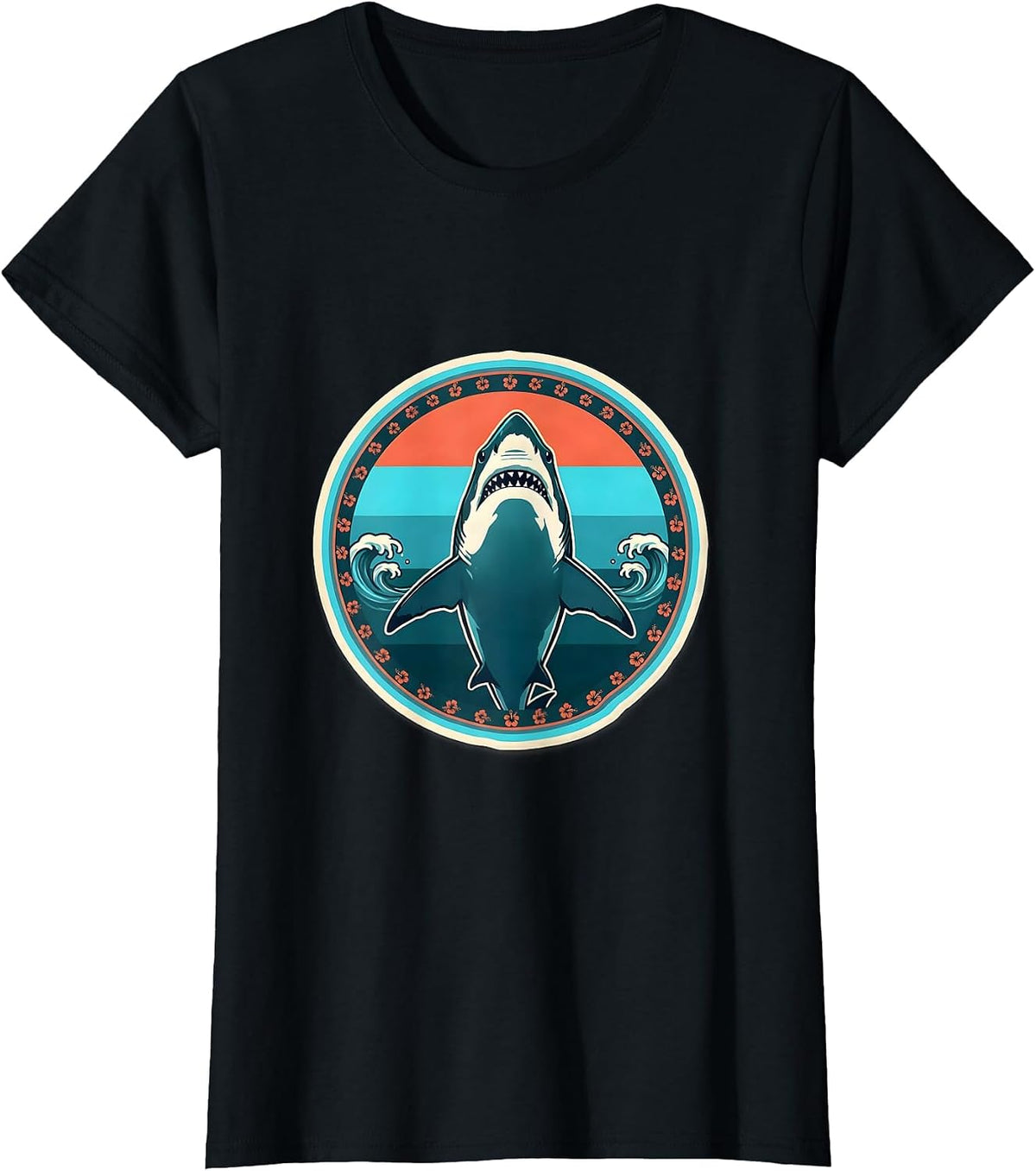 Women's Great White Shark Ocean Silhouette Hawaiian Design T-Shirt - Black