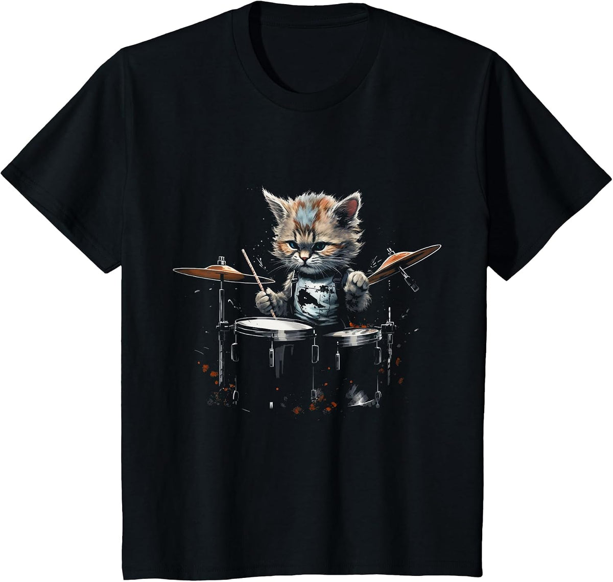 Kitten Drummer Cat Playing Drums Cute T-Shirt - Black