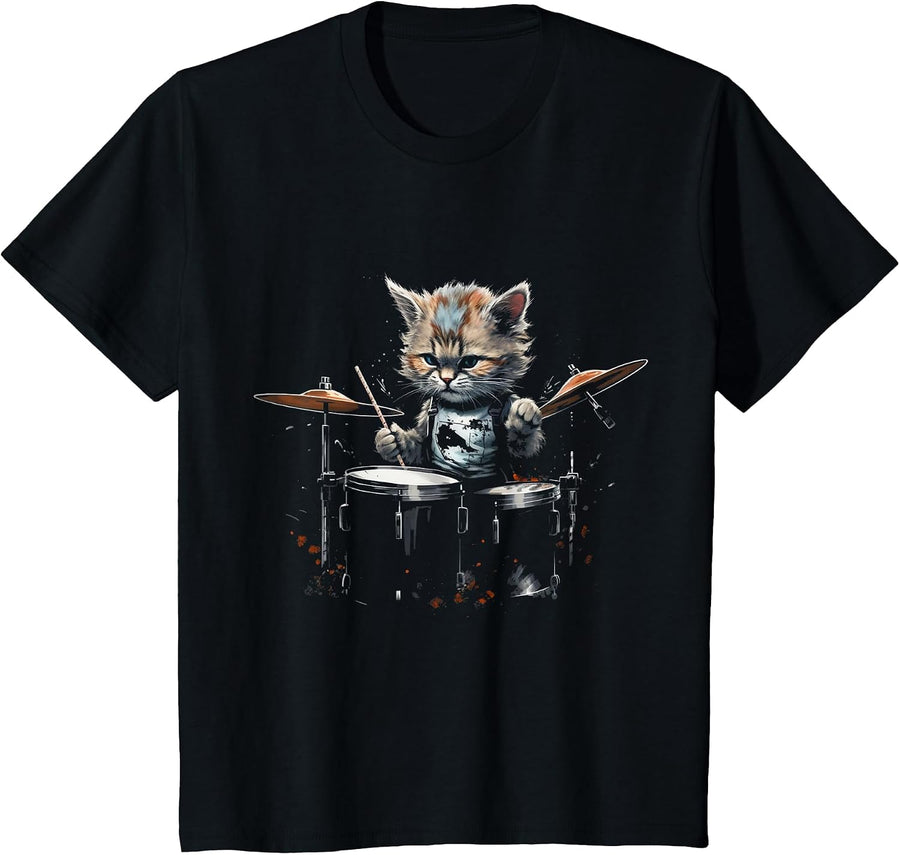 Kitten Drummer Cat Playing Drums Cute T-Shirt - Black