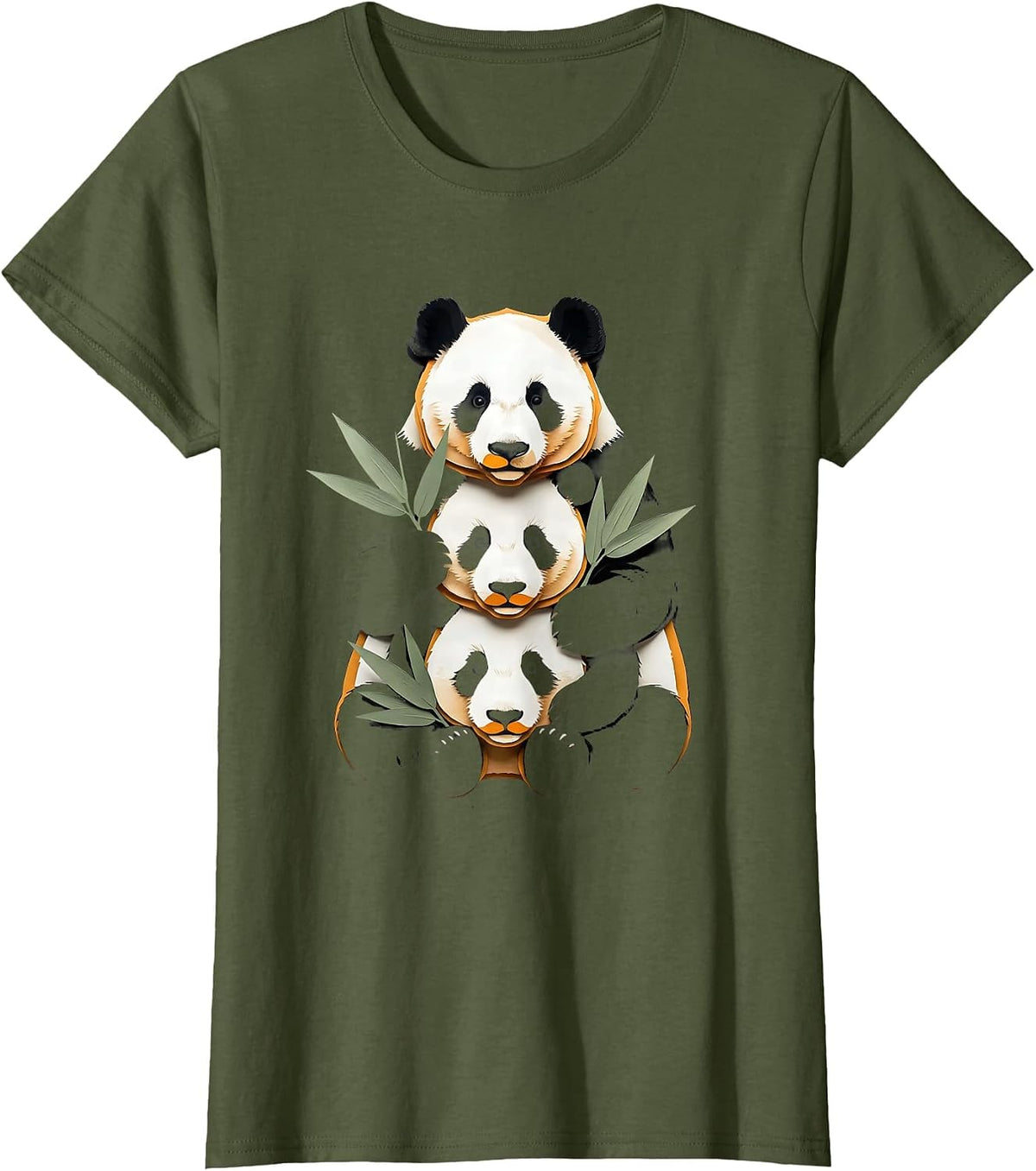 Women's Panda Stack Paper Cutout Funny Animal Lover T-Shirt - Olive Green