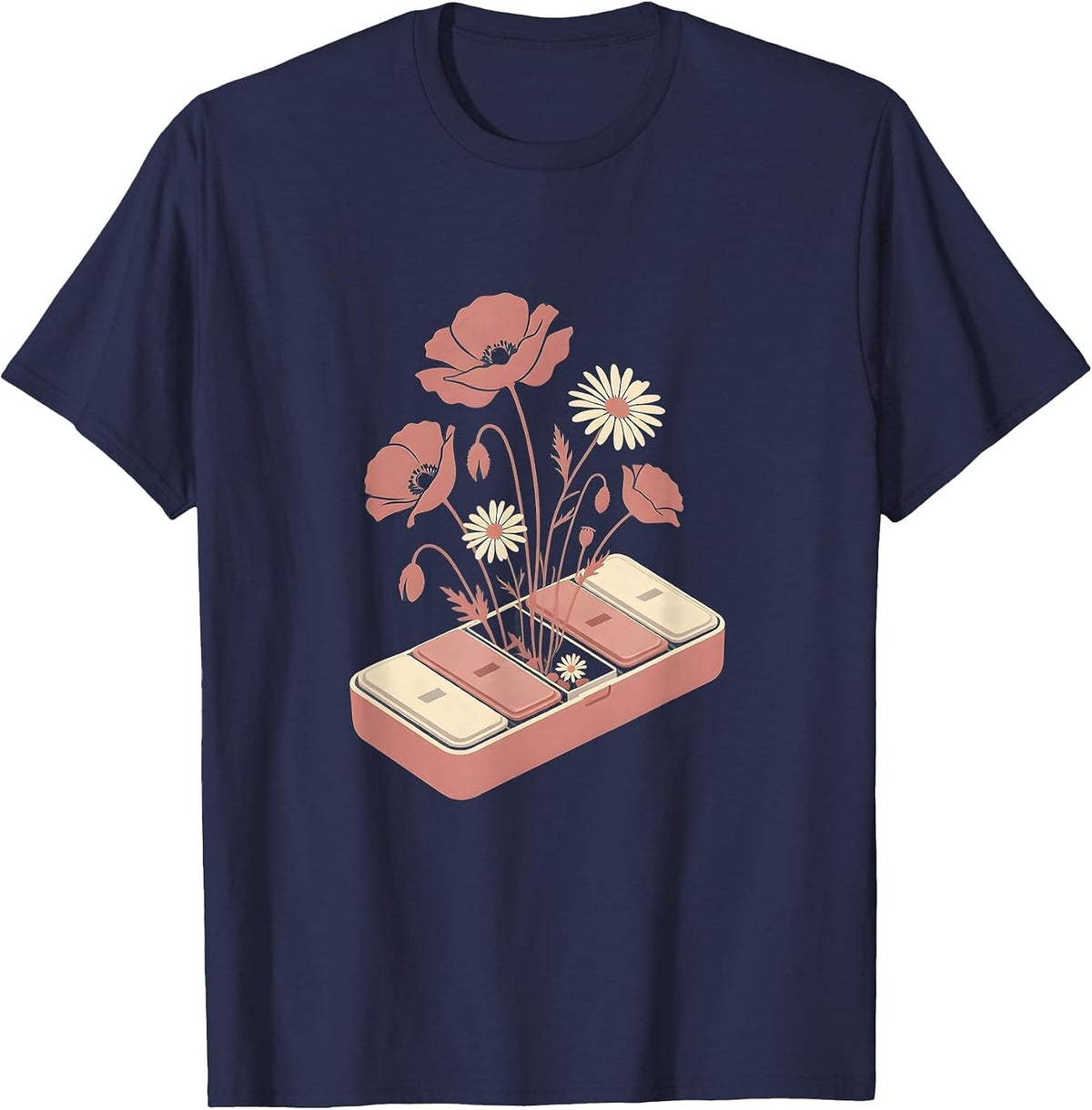 Wildflower Pill Organizer Floral Illustration T-Shirt - Navy Blue
