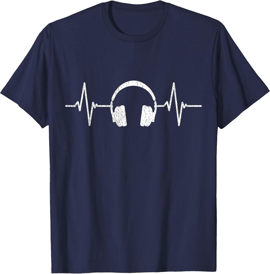 Cool Music Lover Producer DJ Present Heartbeat Headphones T-Shirt - Navy Blue