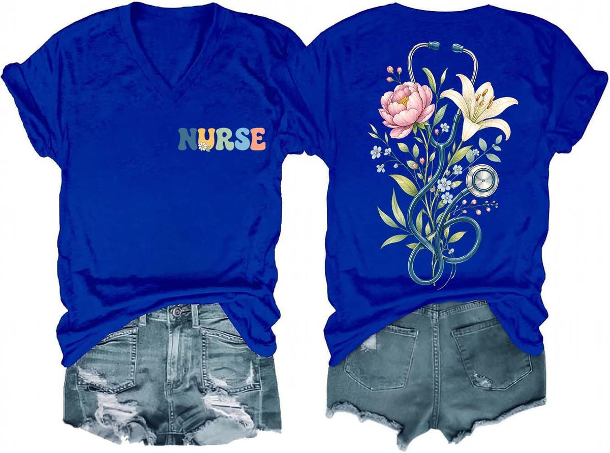 Nurse Shirts Women Nurse T-Shirt Funny Boho Floral Stethoscope Graphic Tees - V-Neck Royal Blue-1