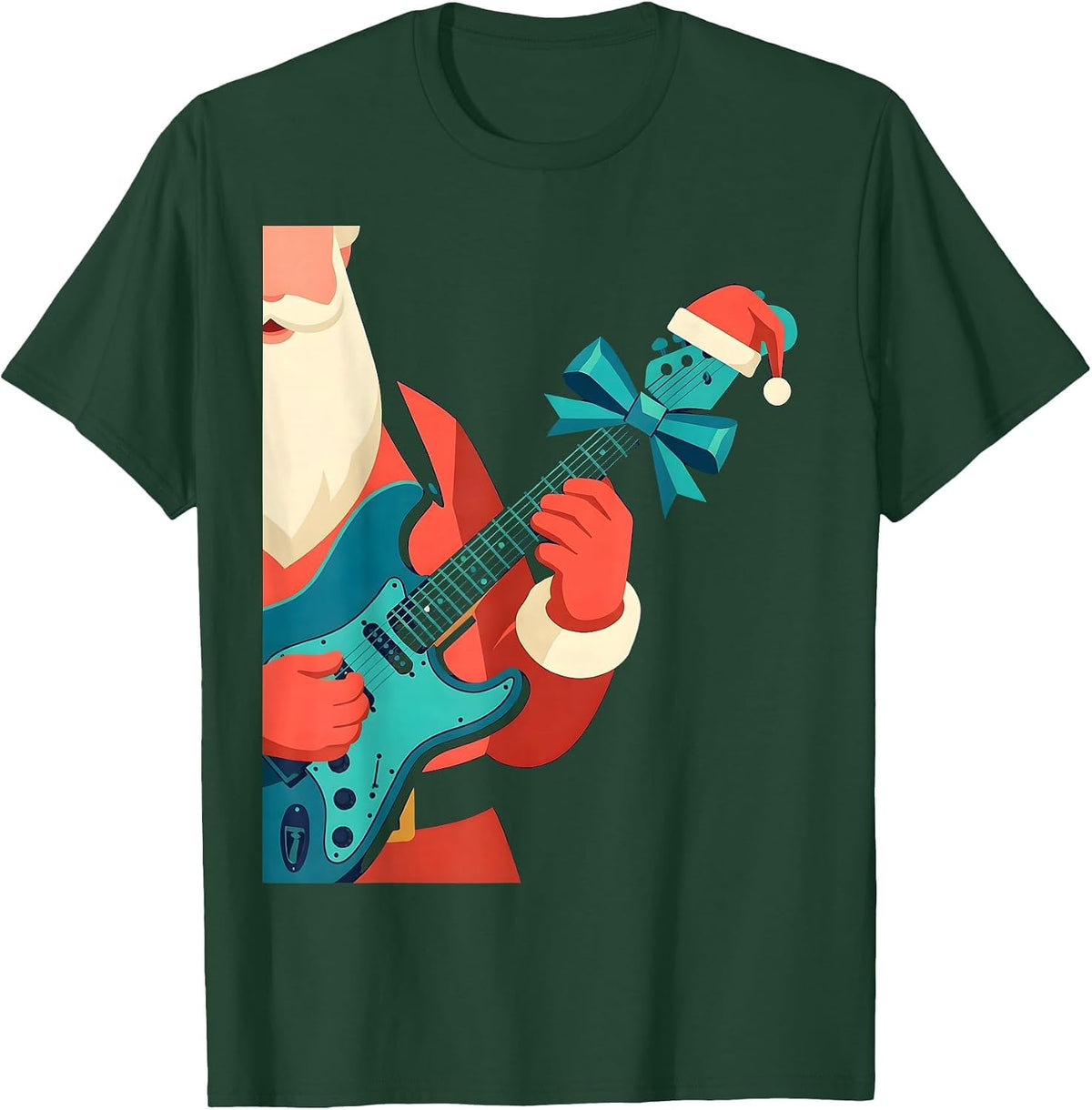 Men's Cropped Santa Rock Guitar Flat Vector Musician Gift T-Shirt - Dark Green