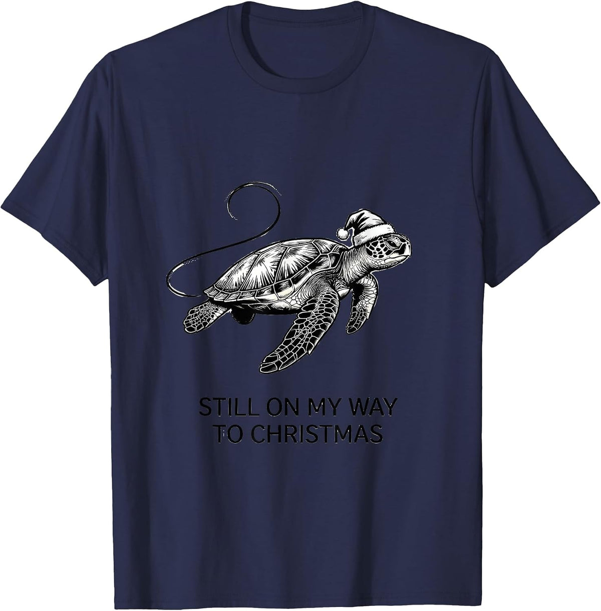 Men's Still On My Way To Christmas Whimsical Sea Turtle Holiday T-Shirt - Navy Blue
