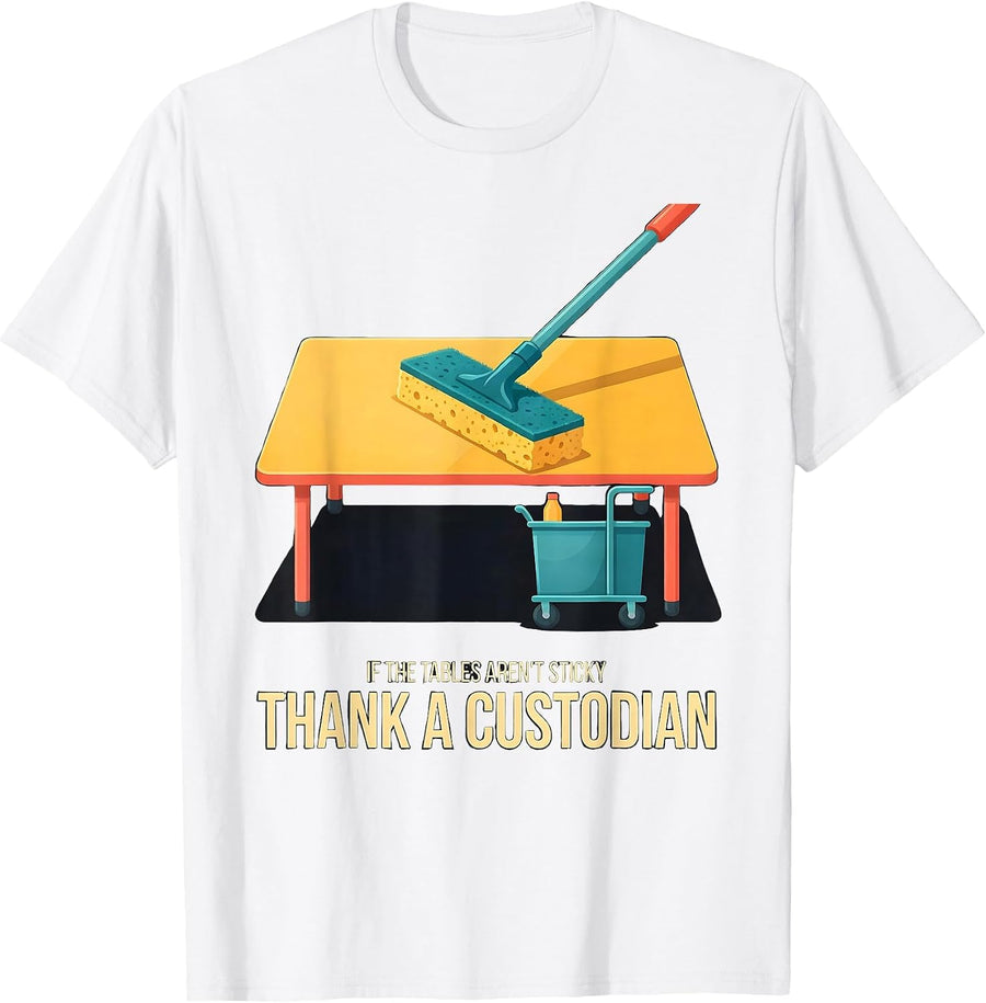 Men's If The Tables Aren't Sticky Thank A Custodian Funny T-Shirt - White