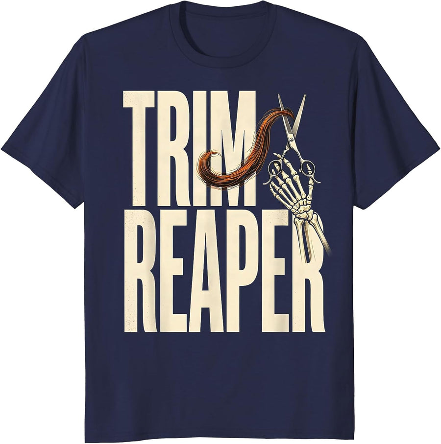Trim Reaper Funny Skeleton Hairstylist Halloween Barber T-Shirt - Navy Blue