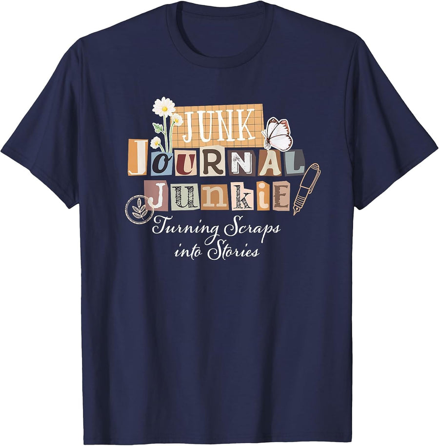 Junk Journal Junkie Vintage Scrapbooking Newspaper Letters T-Shirt - Navy Blue