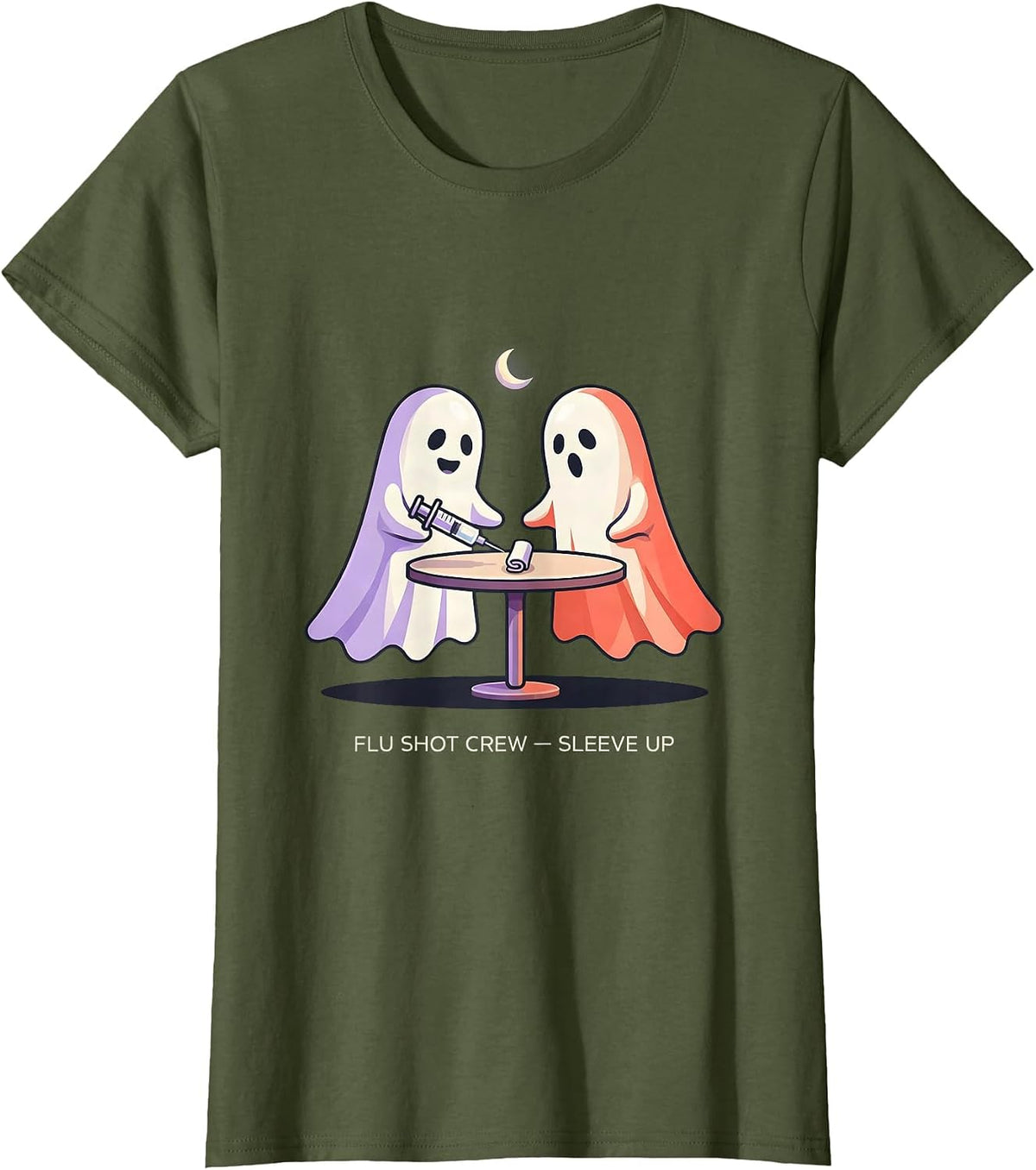 Women's Flu Shot Crew Sleeve Up Funny Halloween Nurse Ghost Vaccine T-Shirt - Olive Green