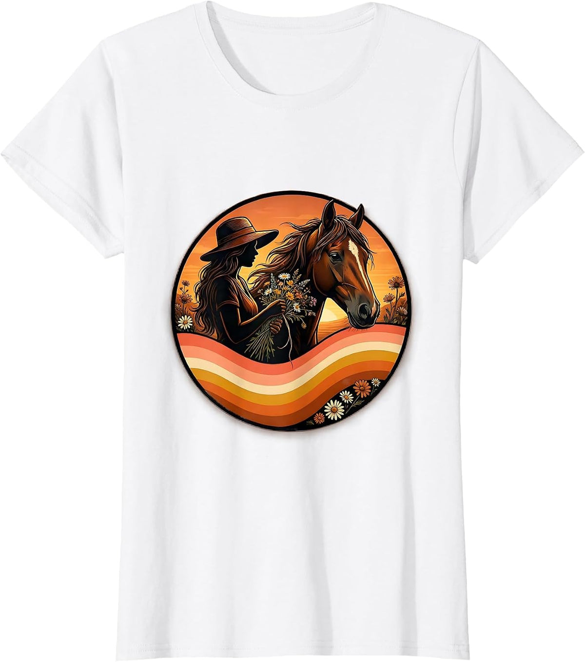 Cowgirl Braiding Horse Mane With Wildflowers T-Shirt - White