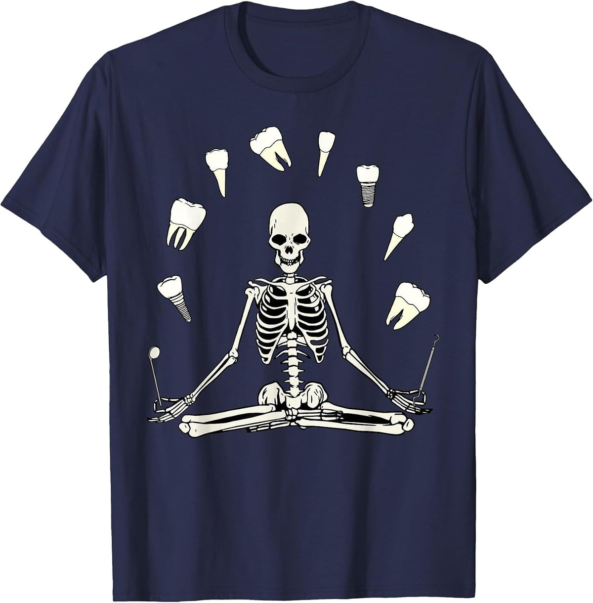 Funny Skeleton Yoga Dental Hygienist Tooth Dentist Halloween T-Shirt - Navy Blue