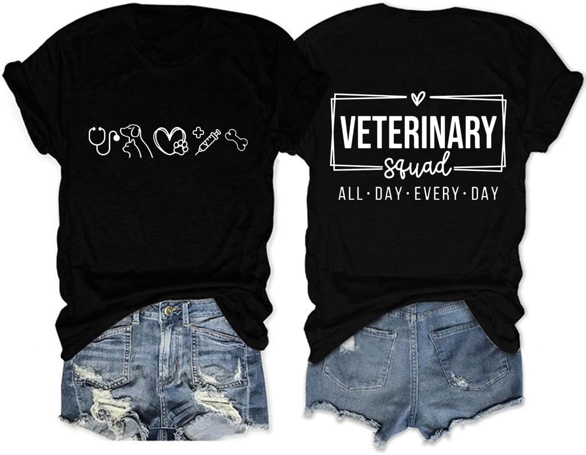 Veterinary Crew Shirts, Veterinarian, Vet Technician, Womens Cute Animal Graphic Front & Back Print Crewneck Tops - Black