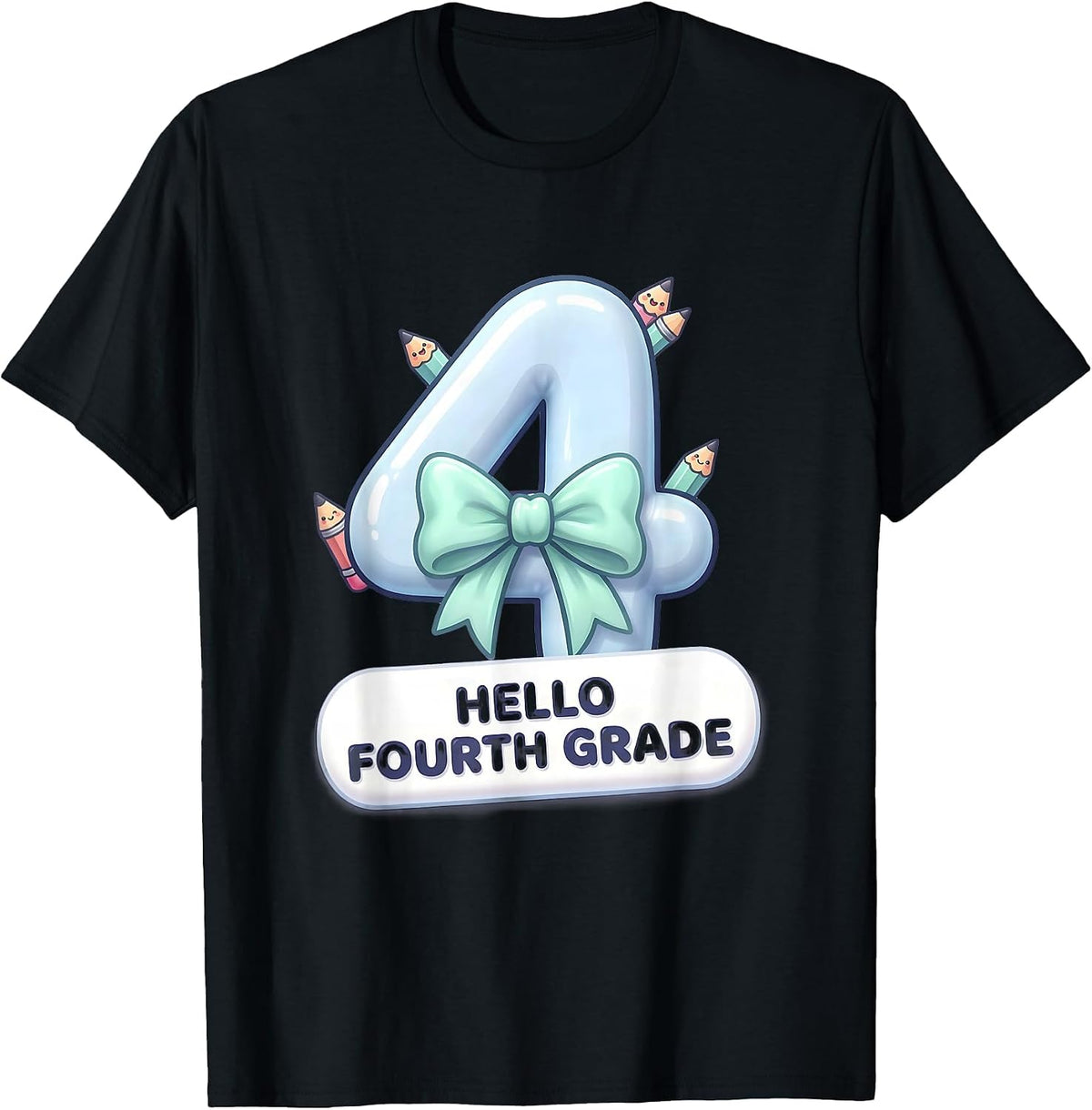 Men's Hello Fourth Grade Cute Kawaii Coquette Bow Back to School T-Shirt - Black
