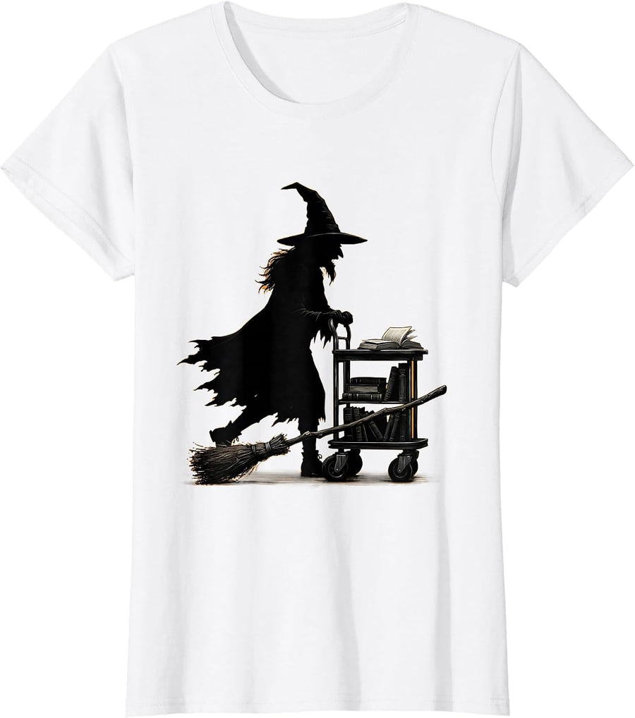 Women's Witch Librarian Minimalist Halloween Occupation Humor T-Shirt - White