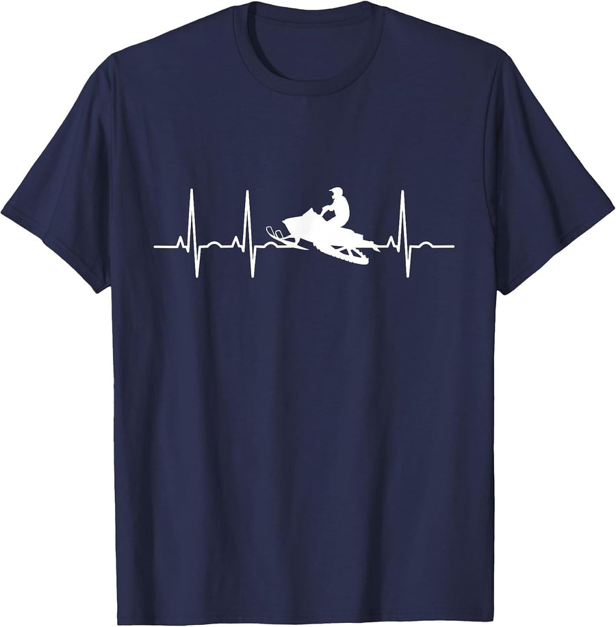 Snowmobile Heartbeat Snowmobiling Lovers Snowmobile Rider T-Shirt - Navy Blue