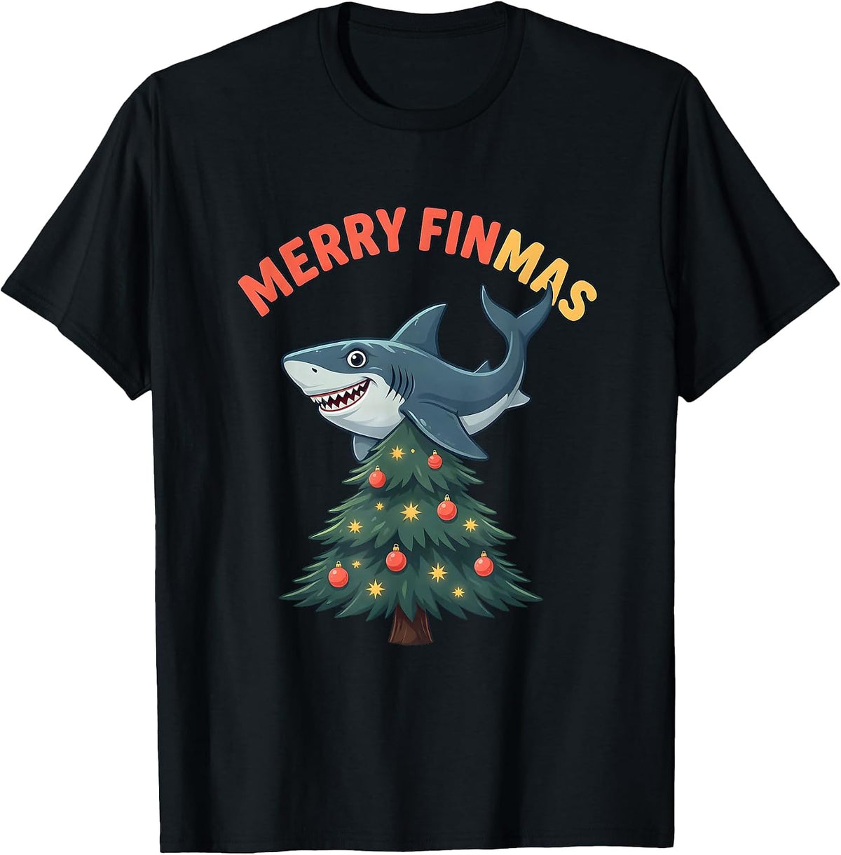 Men's Merry Finmas Funny Shark Christmas Pun Humor T-Shirt - Black