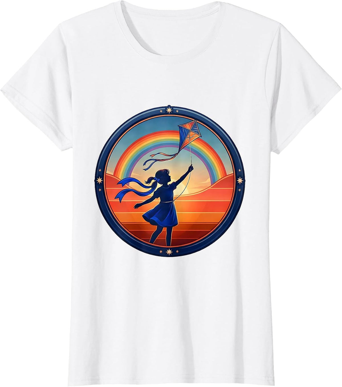 Red White and Blue Kite Flying Girl Graphic T-Shirt - White