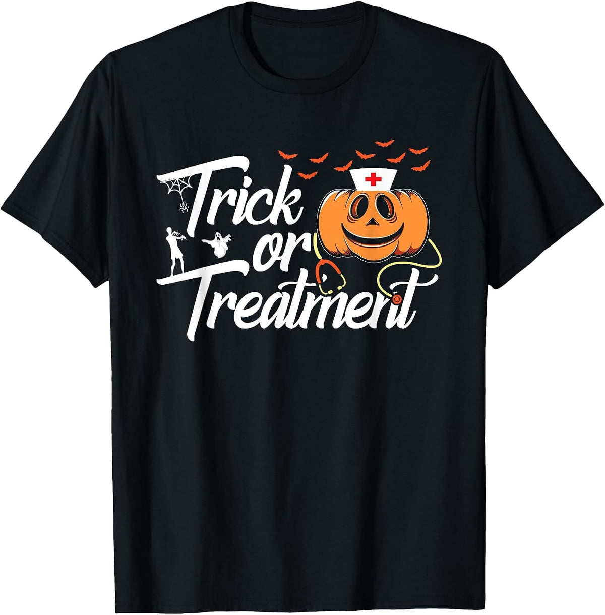 Trick Or Treatment Funny Medical Personnel Halloween Nurse T-Shirt - Black