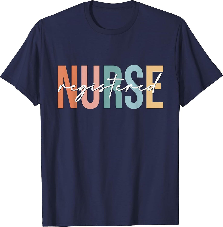 Boho Retro Vintage Registered Nurse Stethoscope Nursing T-Shirt - Navy Blue