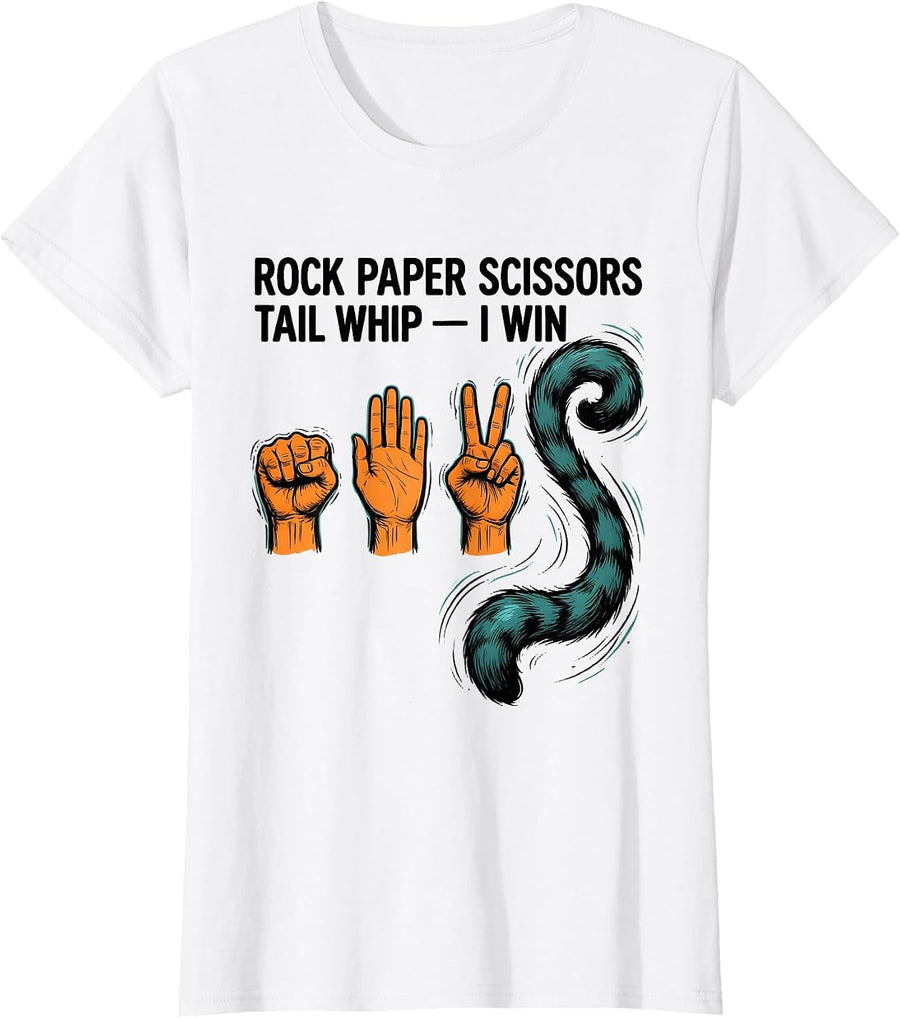 Women's Rock Paper Scissors Tail Whip I Win Funny Cat Lover Gift T-Shirt - White