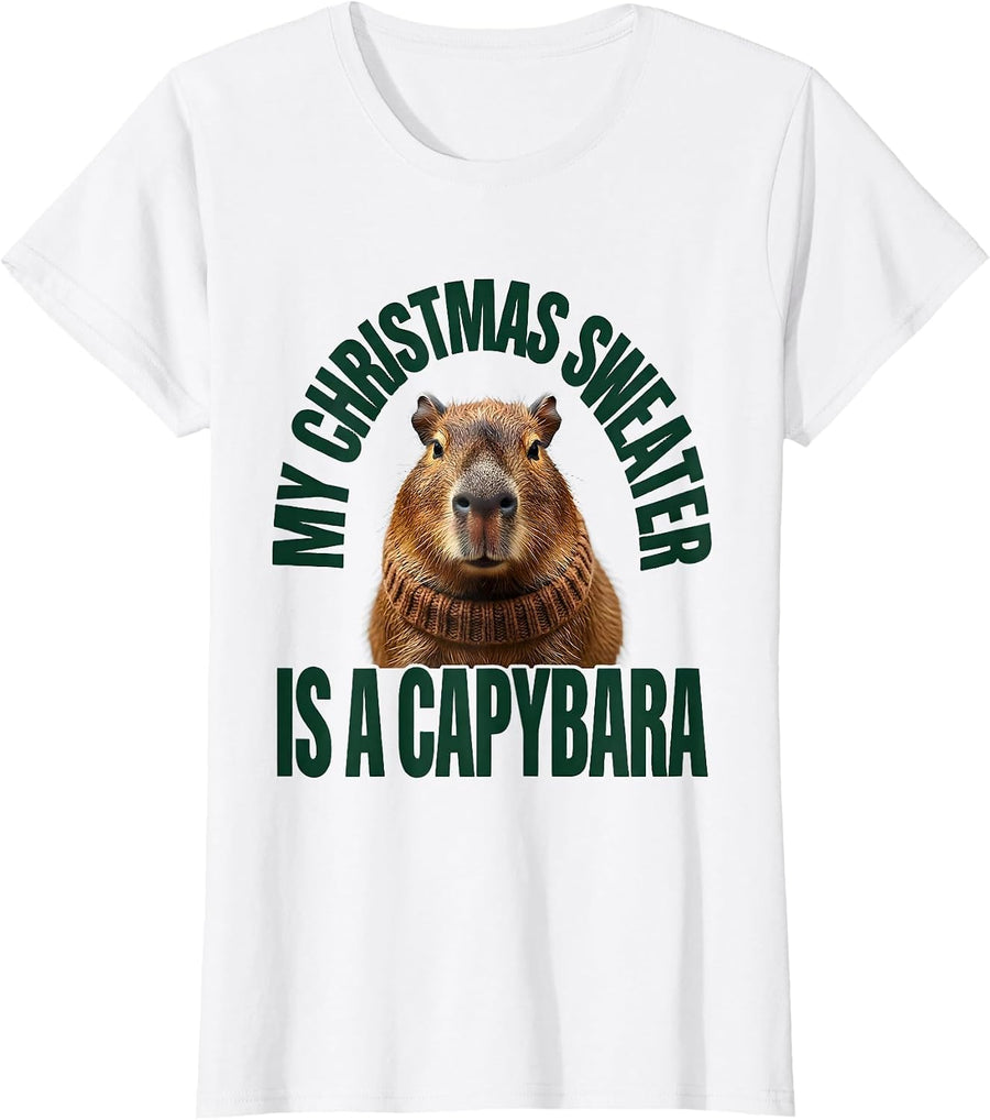 Women's My Christmas Sweater Is A Capybara Funny Cute Holiday Animal T-Shirt - White