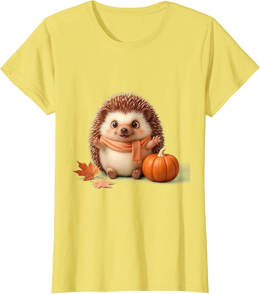 Women's Cheerful Hedgehog Cute Kawaii Fall Pumpkin Mom T-Shirt - Lemon Yellow