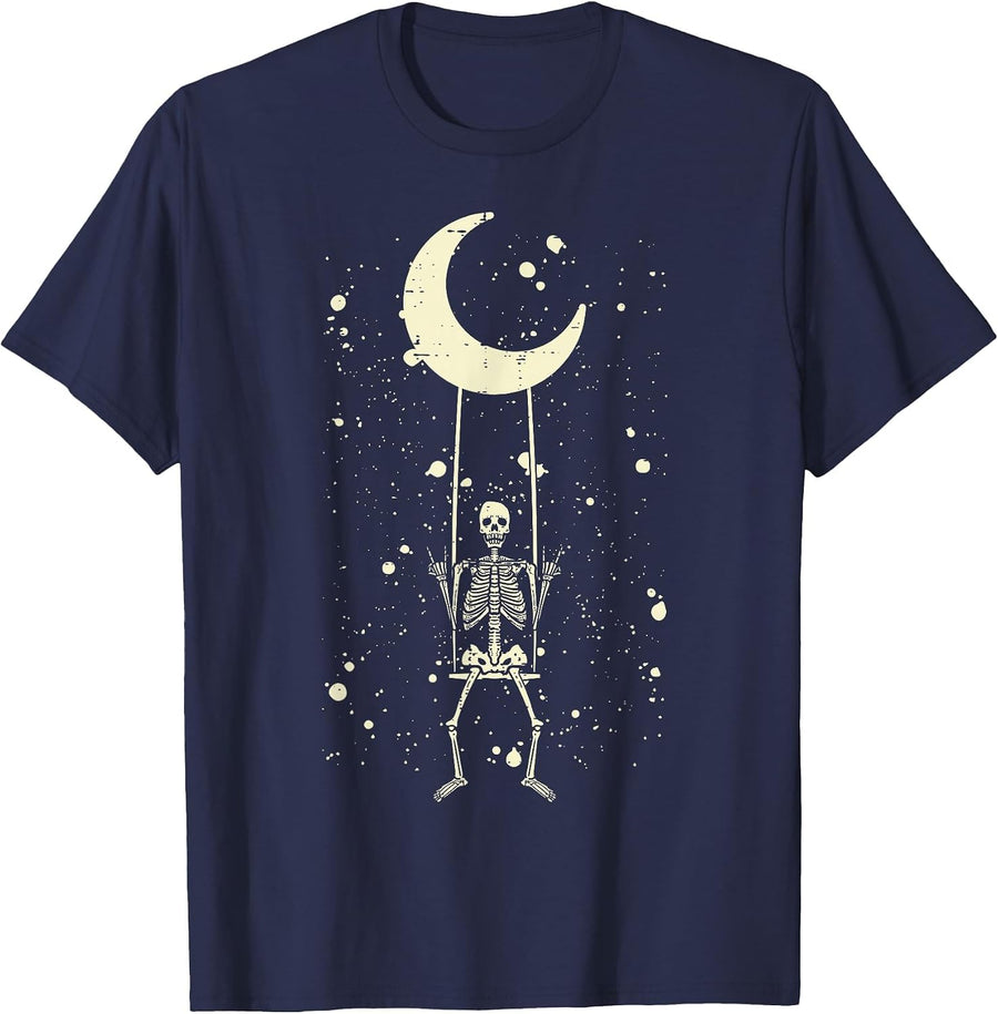 Rocker Skeleton Moon Rock Band Halloween Men Women Boys Kids T-Shirt - Navy Blue