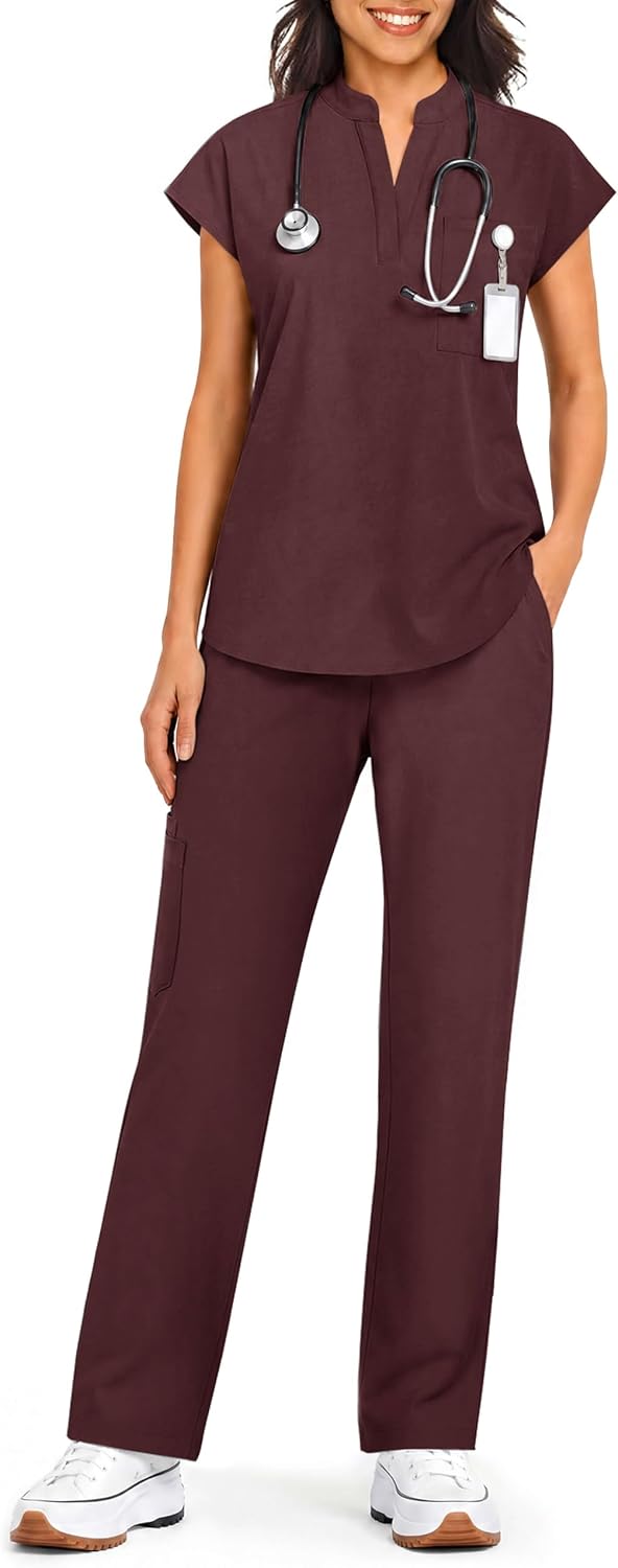 Women's Scrub Set V-Neck Top & Straight-Leg Pants with 7 Pockets - Burgundy