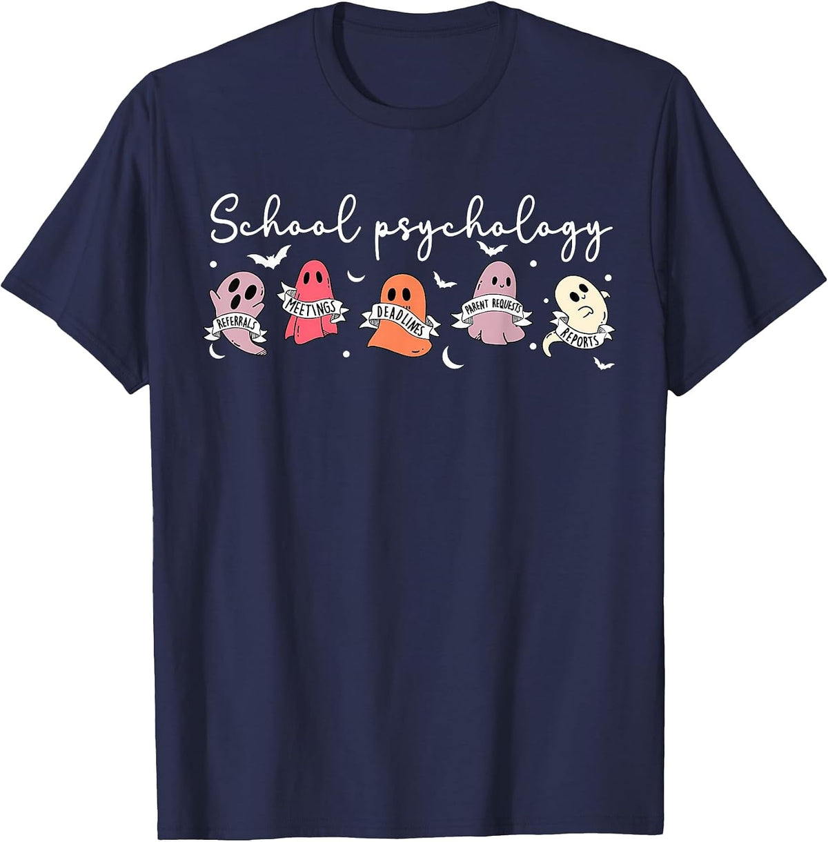 Retro Cute Ghost School Psychologist Halloween Psychologist T-Shirt - Navy Blue
