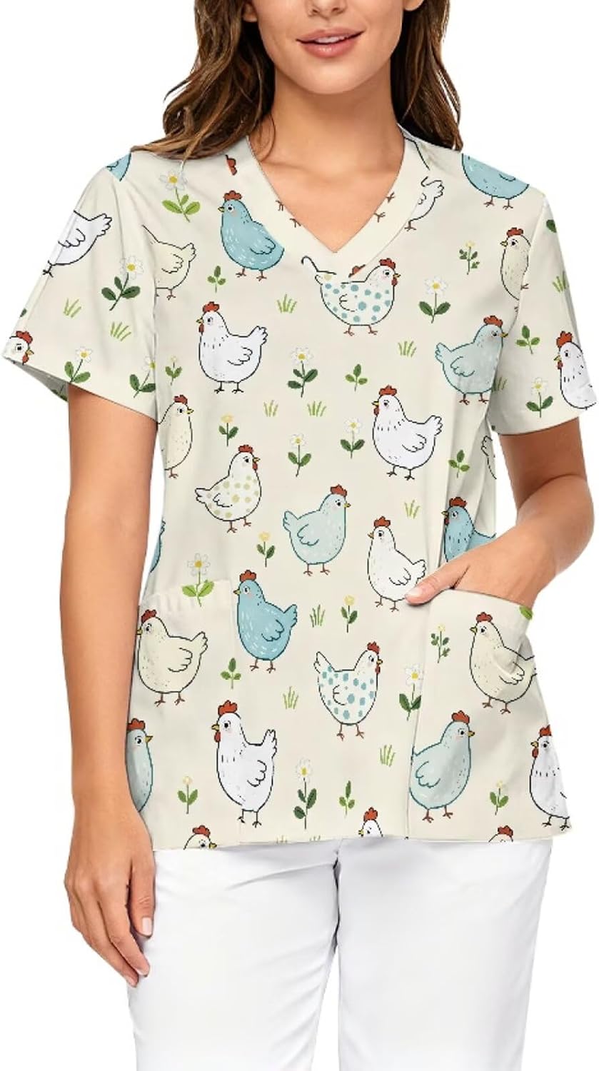 Stretch V-Neck Nursing Scrubs Top Moisture-Wicking & Odor-Control Durable Medical Uniform for Hospitals & Clinics - Chicken