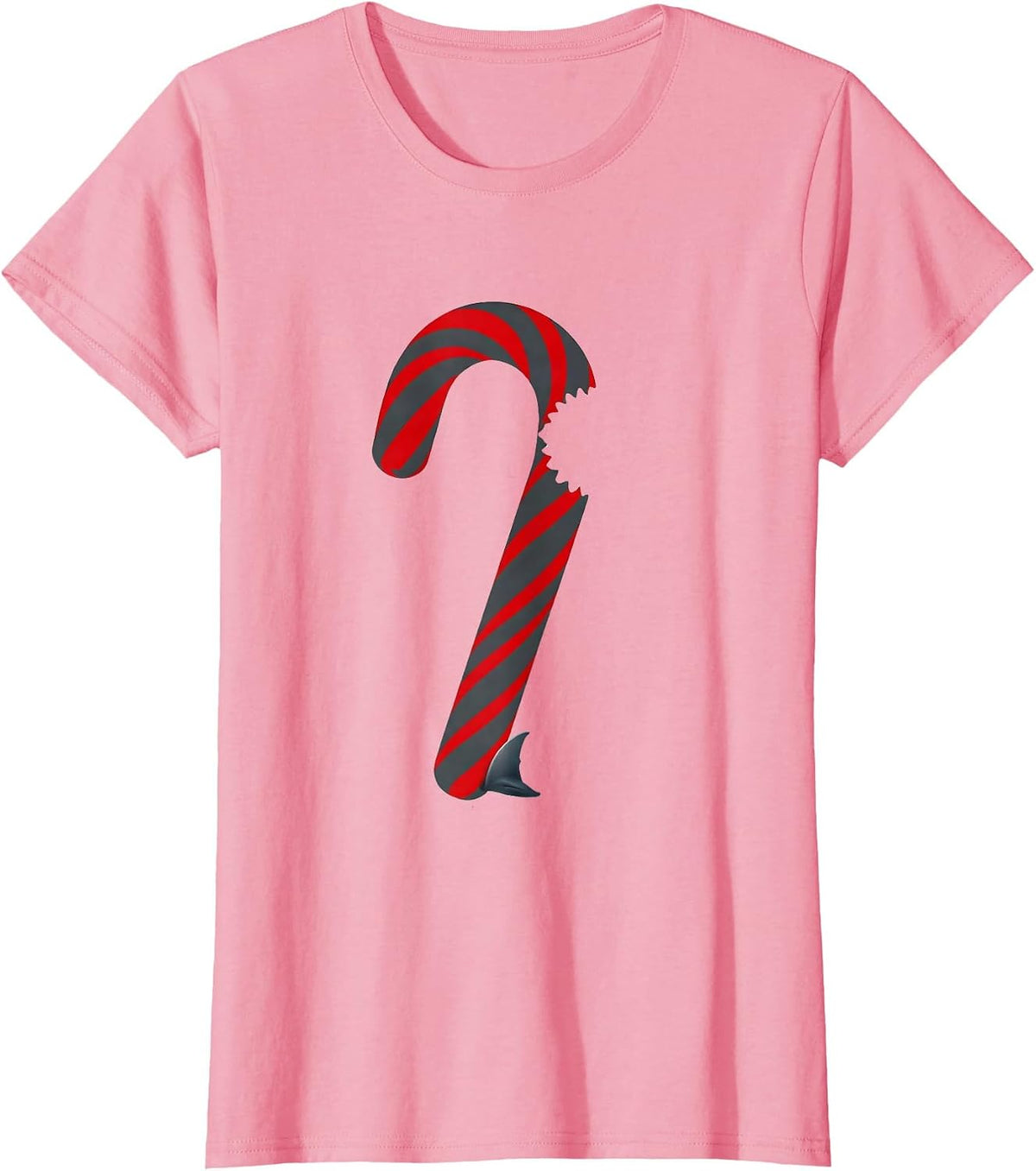 Women's Stripped Candy Cane Shark Minimalist Holiday Humor T-Shirt - Pink