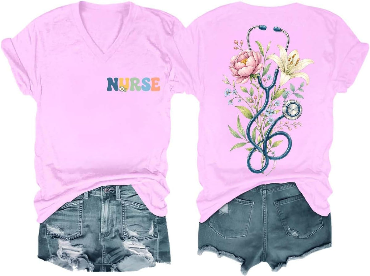 Nurse Shirts Women Nurse T-Shirt Funny Boho Floral Stethoscope Graphic Tees - V-Neck Pink-1