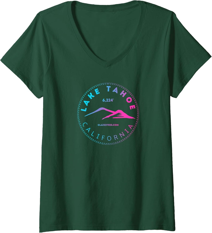 Women's Lake Tahoe California Retro Mountain V-Neck T-Shirt - Dark Green