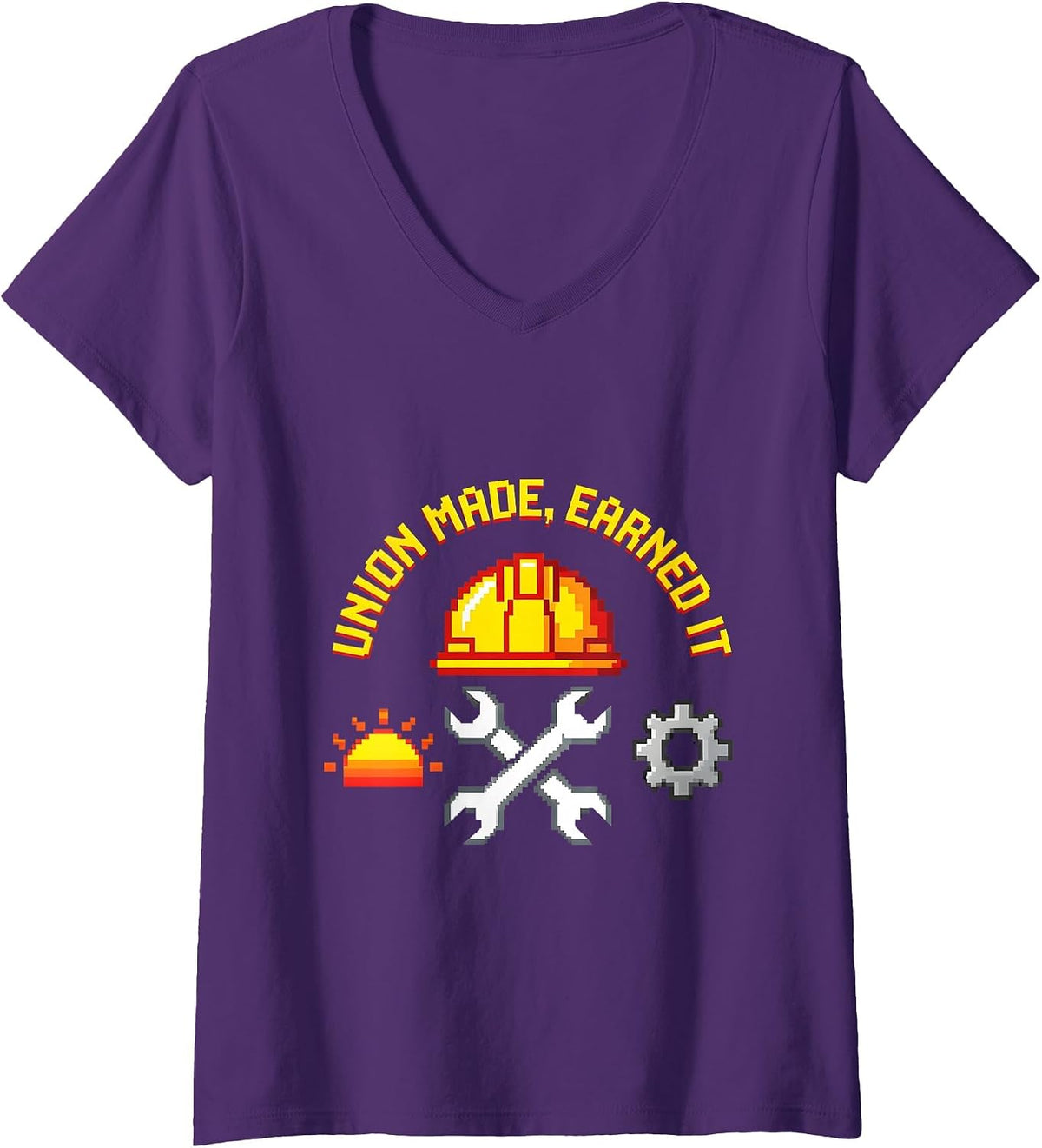 Women's Union Made, Earned It Retro Badge Design V-Neck T-Shirt - Purple