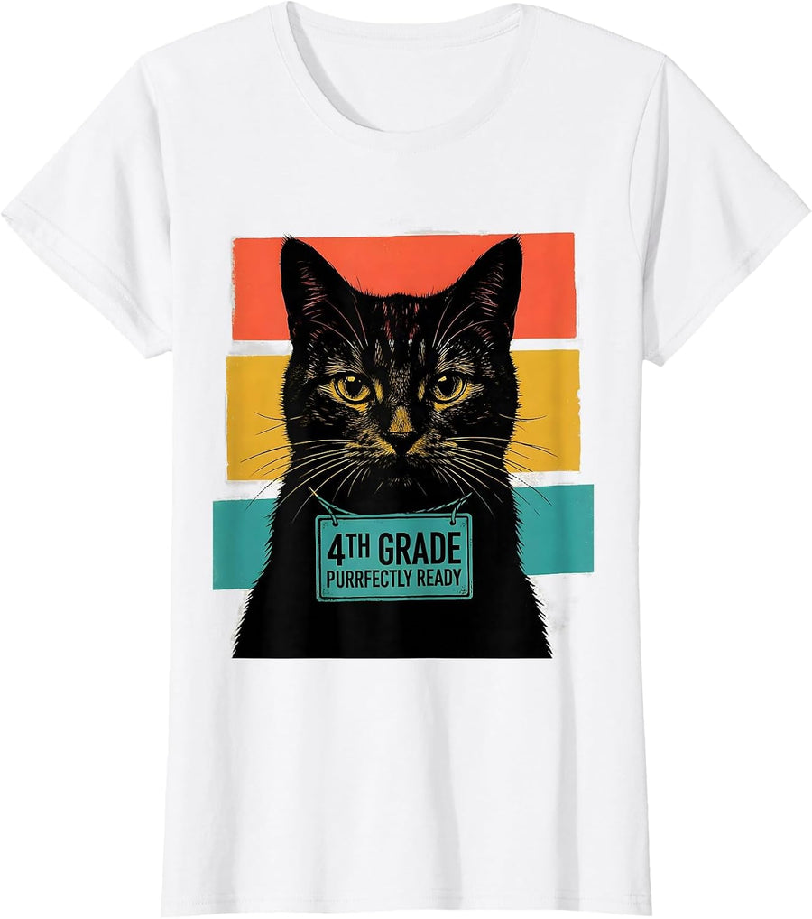 Women's 4th Grade Purrfectly Ready Cute Cat Back To School Girls T-Shirt - White